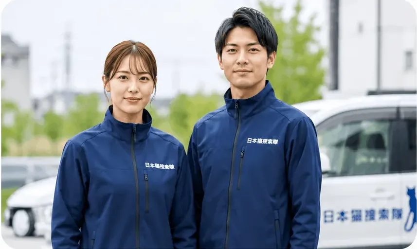 日本猫捜索隊のスタッフ2名と社用車