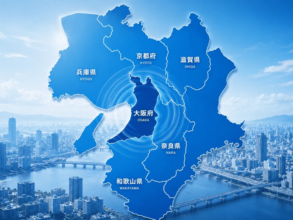 関西全域の地図：大阪府・兵庫県・京都府・滋賀県・奈良県・和歌山県