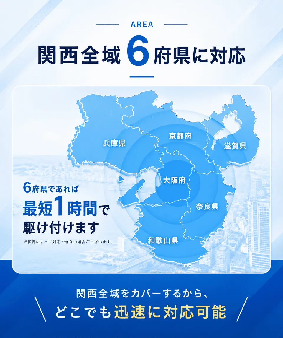 AREA。関西全域6府県に対応。大阪府・兵庫県・京都府・滋賀県・奈良県・和歌山県の地図。6府県であれば最短1時間で駆け付けます（※状況によって対応できない場合がございます）。関西全域をカバーするから、どこでも迅速に対応可能。