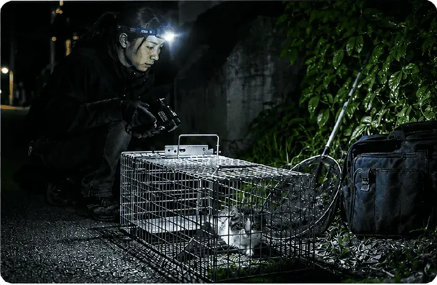 夜間、ヘッドライトを装着したスタッフが捕獲器を設置して捜索する様子
